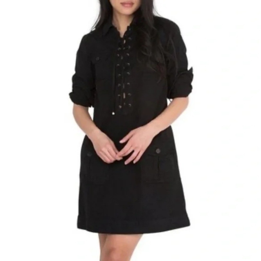 ANN MASHBURN Bella Dress Black Safari‎ Lace Up Shirt Dress Pockets size XS